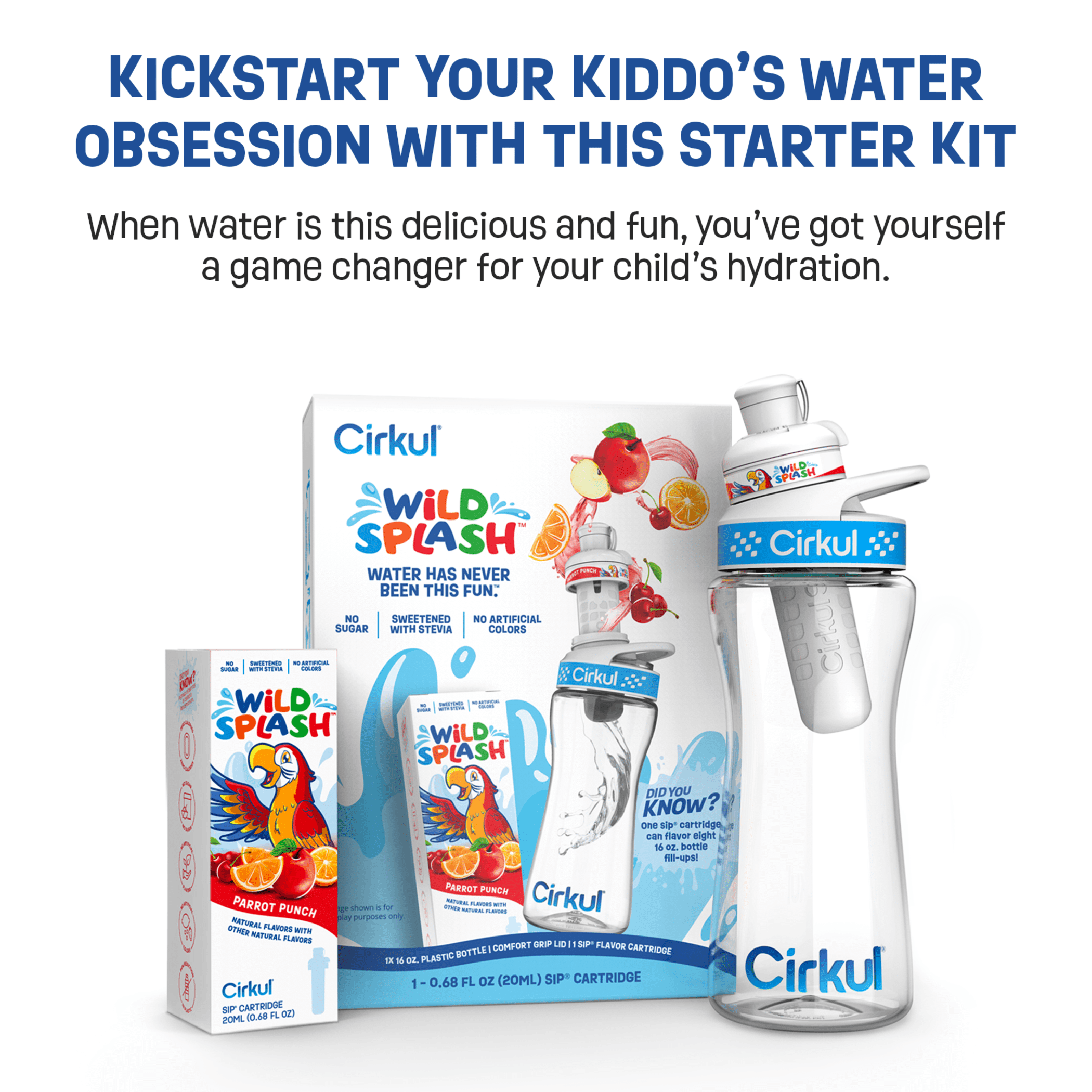 Kids Water Bottle Starter Kit, 16oz BPA-Free Bottle with Flavor Cartridge, Blue Lid (Parrot Punch)