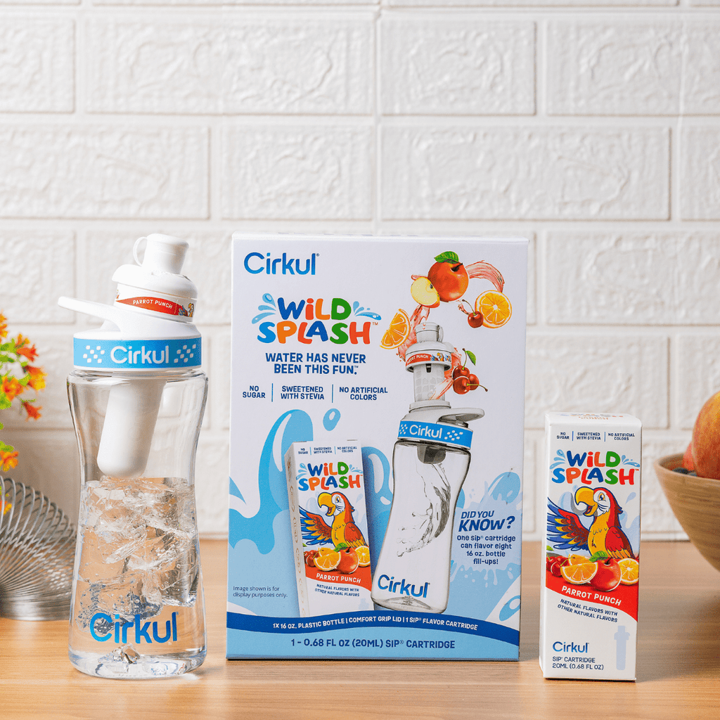 Kids Water Bottle Starter Kit, 16oz BPA-Free Bottle with Flavor Cartridge, Blue Lid (Parrot Punch)