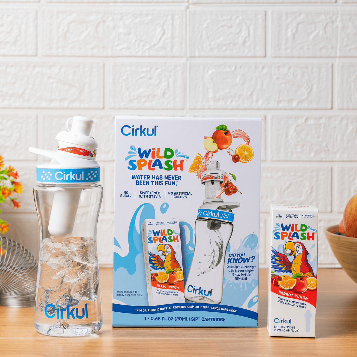 Kids Water Bottle Starter Kit, 16oz BPA-Free Bottle with Flavor Cartridge, Blue Lid (Parrot Punch)