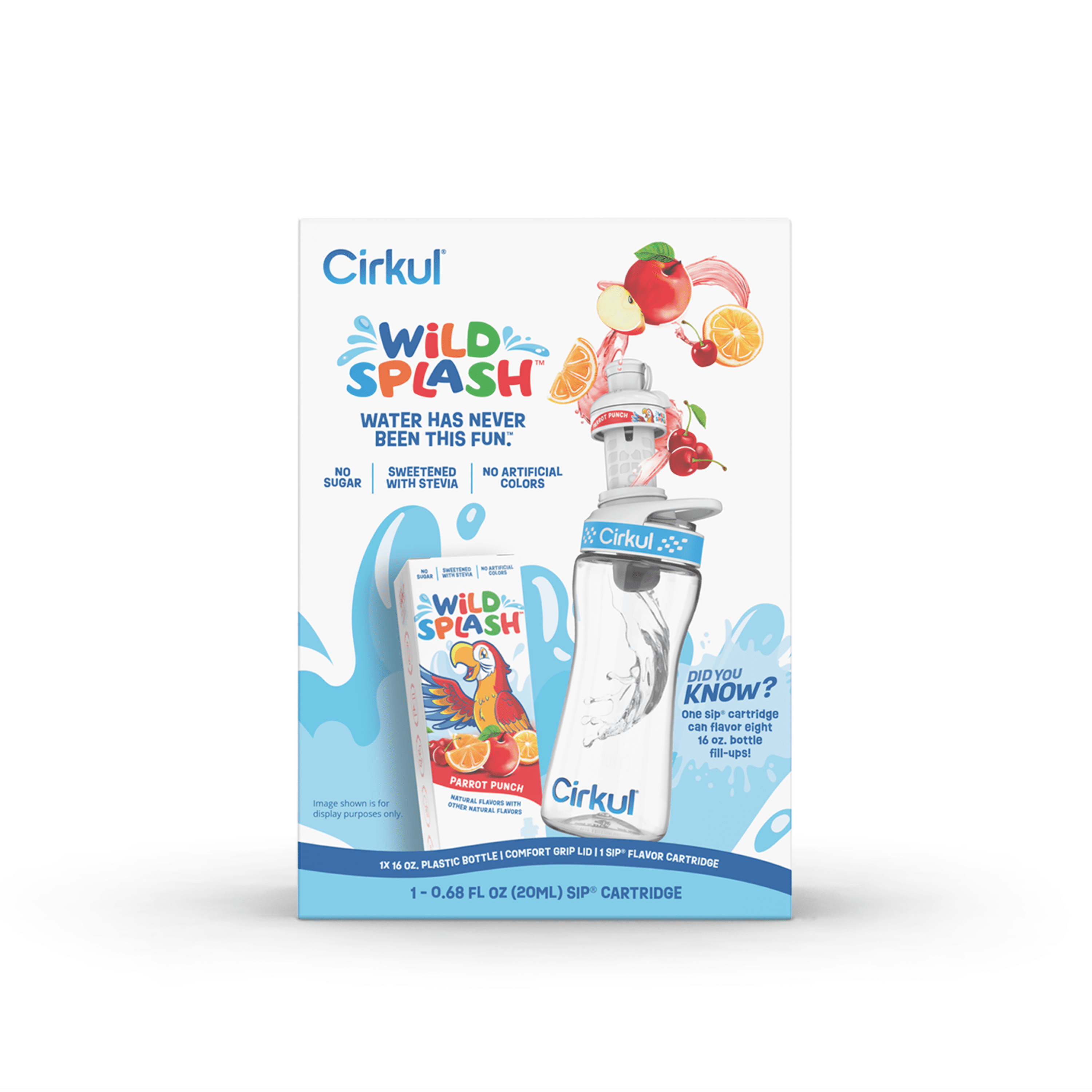 Kids Water Bottle Starter Kit, 16oz BPA-Free Bottle with Flavor Cartridge, Blue Lid (Parrot Punch)