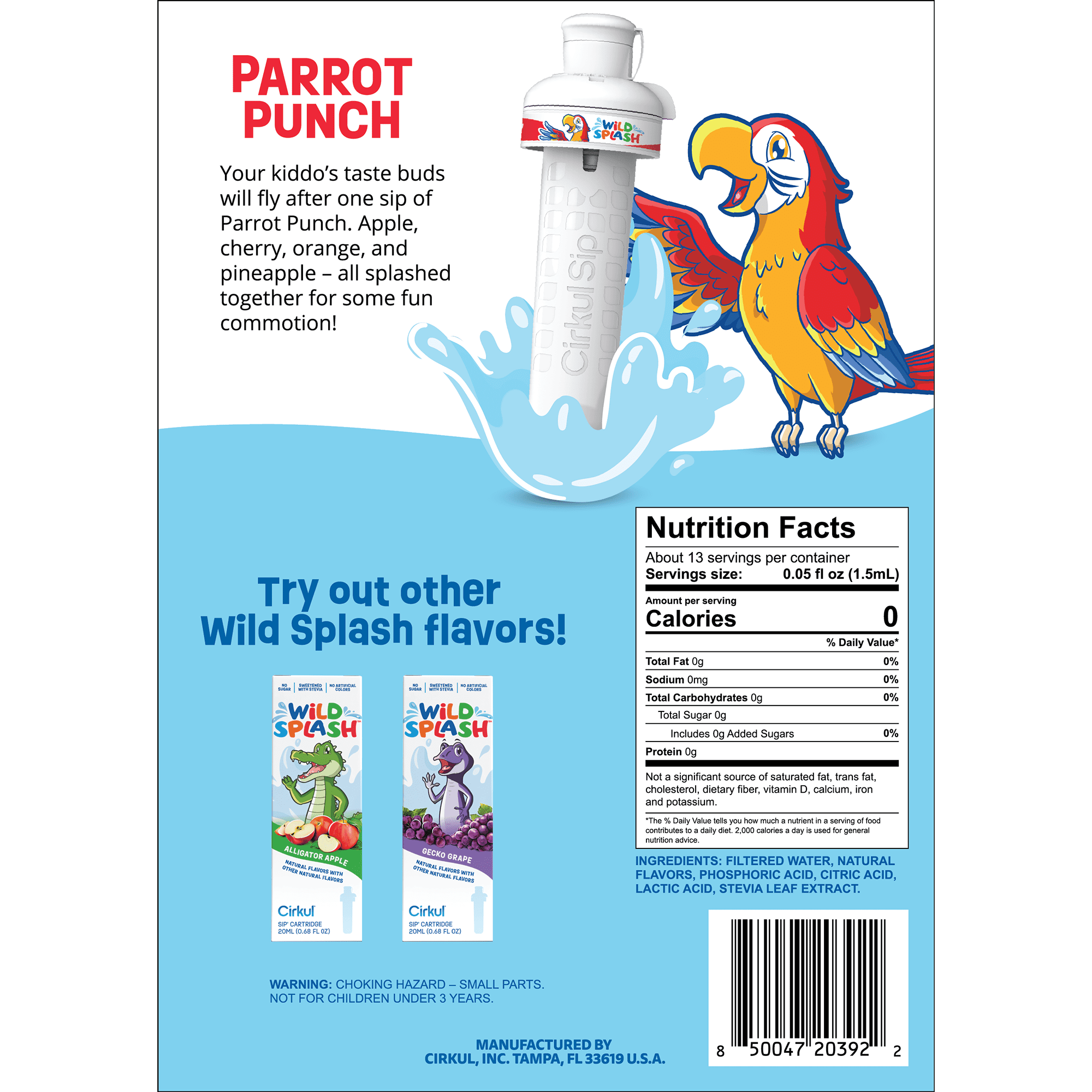Kids Water Bottle Starter Kit, 16oz BPA-Free Bottle with Flavor Cartridge, Blue Lid (Parrot Punch)