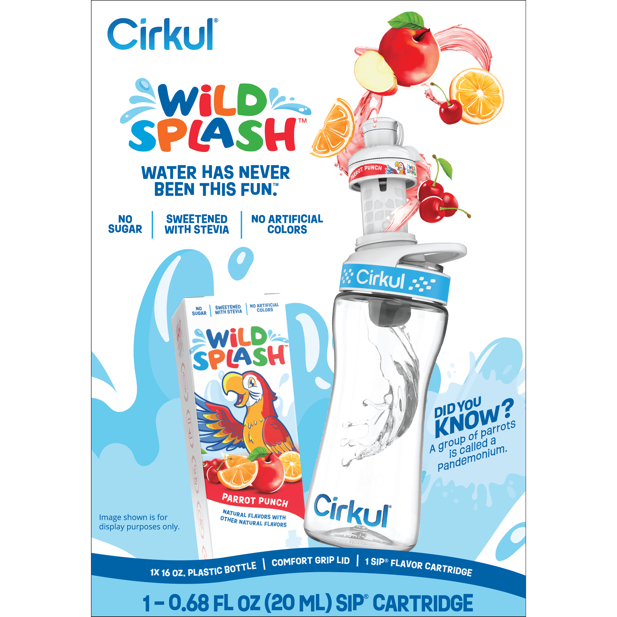 Kids Water Bottle Starter Kit, 16oz BPA-Free Bottle with Flavor Cartridge, Blue Lid (Parrot Punch)