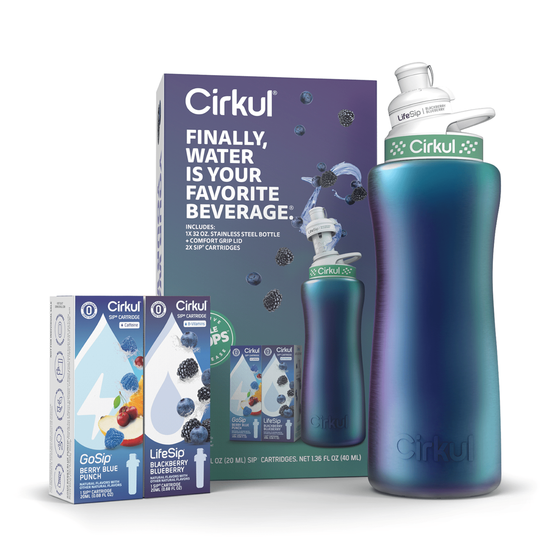 32oz Chameleon Stainless Steel Starter Kit with Chameleon  Lid 2.0 and 2 Flavor Cartridges (Blackberry Blueberry &amp; Berry Blue Punch)