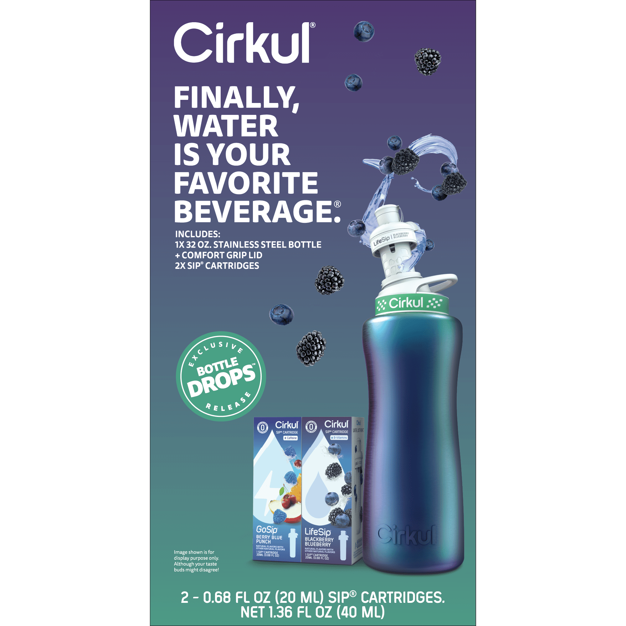 32oz Chameleon Stainless Steel Starter Kit with Chameleon  Lid 2.0 and 2 Flavor Cartridges (Blackberry Blueberry &amp; Berry Blue Punch)