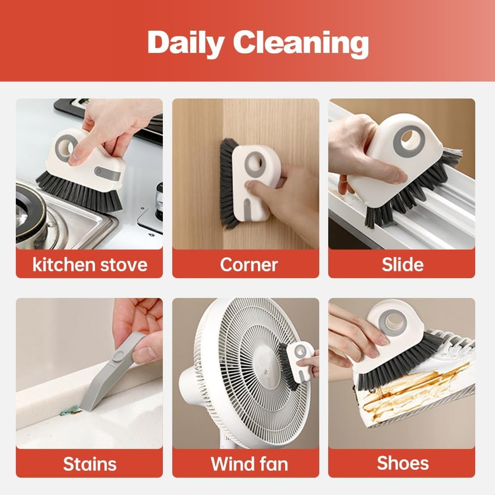 2-in-1 Window Groove Cleaning Brush with Hidden Scraper, Hard Bristle Crevice Tool for Sliding Door Tracks and Window Sills, Orange