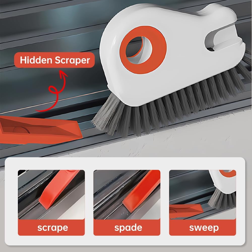 2-in-1 Window Groove Cleaning Brush with Hidden Scraper, Hard Bristle Crevice Tool for Sliding Door Tracks and Window Sills, Orange