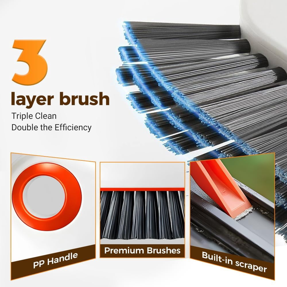 2-in-1 Window Groove Cleaning Brush with Hidden Scraper, Hard Bristle Crevice Tool for Sliding Door Tracks and Window Sills, Orange
