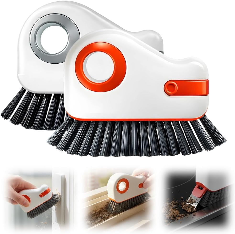 2-in-1 Window Groove Cleaning Brush with Hidden Scraper, Hard Bristle Crevice Tool for Sliding Door Tracks and Window Sills, Orange