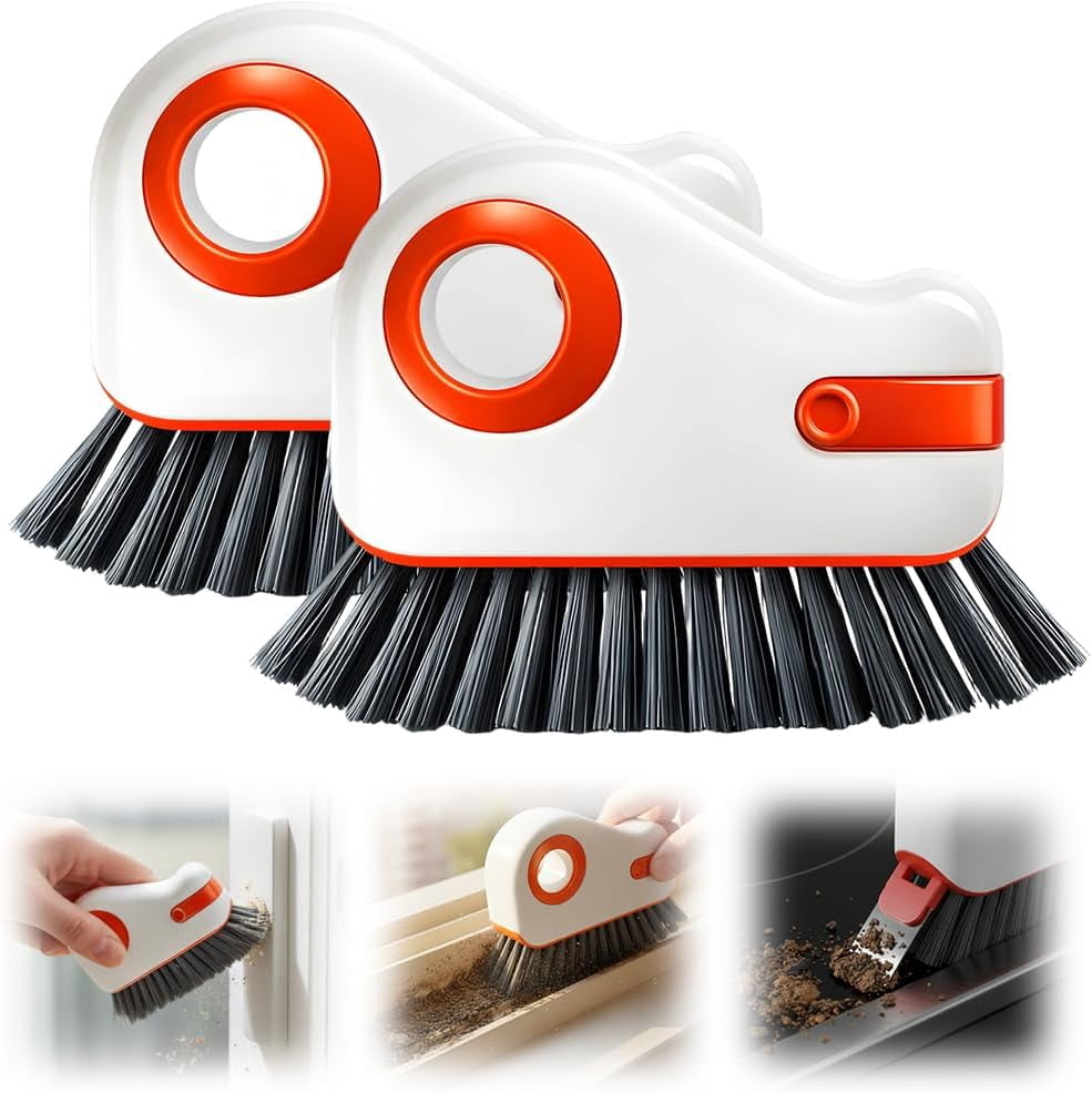 2-in-1 Window Groove Cleaning Brush with Hidden Scraper, Hard Bristle Crevice Tool for Sliding Door Tracks and Window Sills, Orange