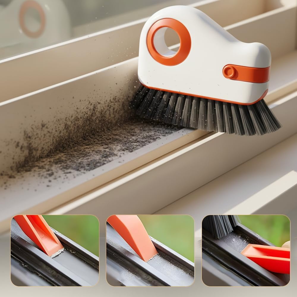 2-in-1 Window Groove Cleaning Brush with Hidden Scraper, Hard Bristle Crevice Tool for Sliding Door Tracks and Window Sills, Orange