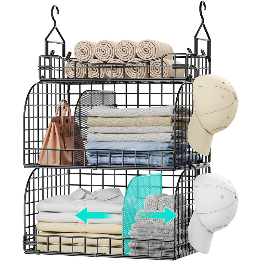 Hanging Closet Organizer Storage - 3 Tier Metal Stackable Hanging Closet Shelves with Dividers and S Hooks Foldable Clothes Shelves for Clothes Pants Shoes Coat Hats Clutches Accessories