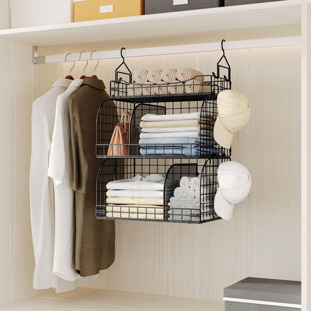 Hanging Closet Organizer Storage - 3 Tier Metal Stackable Hanging Closet Shelves with Dividers and S Hooks Foldable Clothes Shelves for Clothes Pants Shoes Coat Hats Clutches Accessories