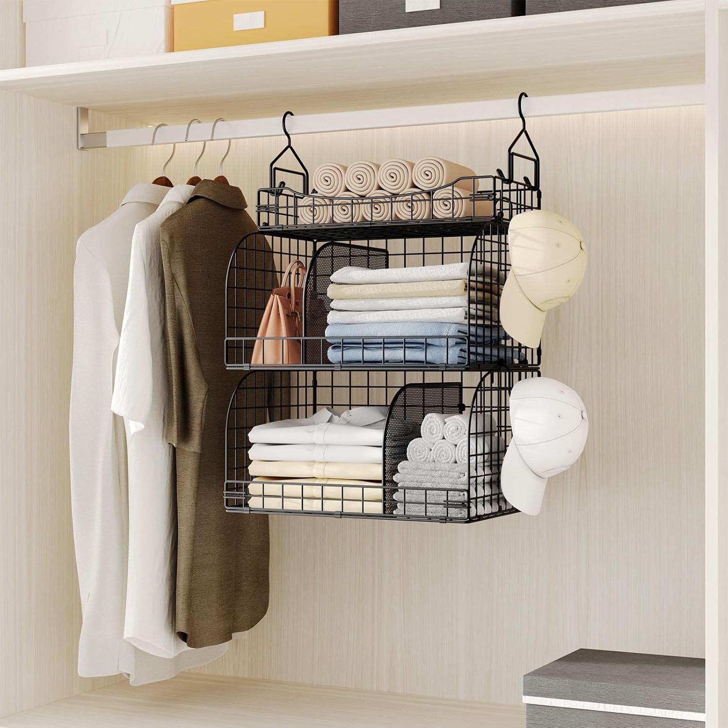 Hanging Closet Organizer Storage - 3 Tier Metal Stackable Hanging Closet Shelves with Dividers and S Hooks Foldable Clothes Shelves for Clothes Pants Shoes Coat Hats Clutches Accessories