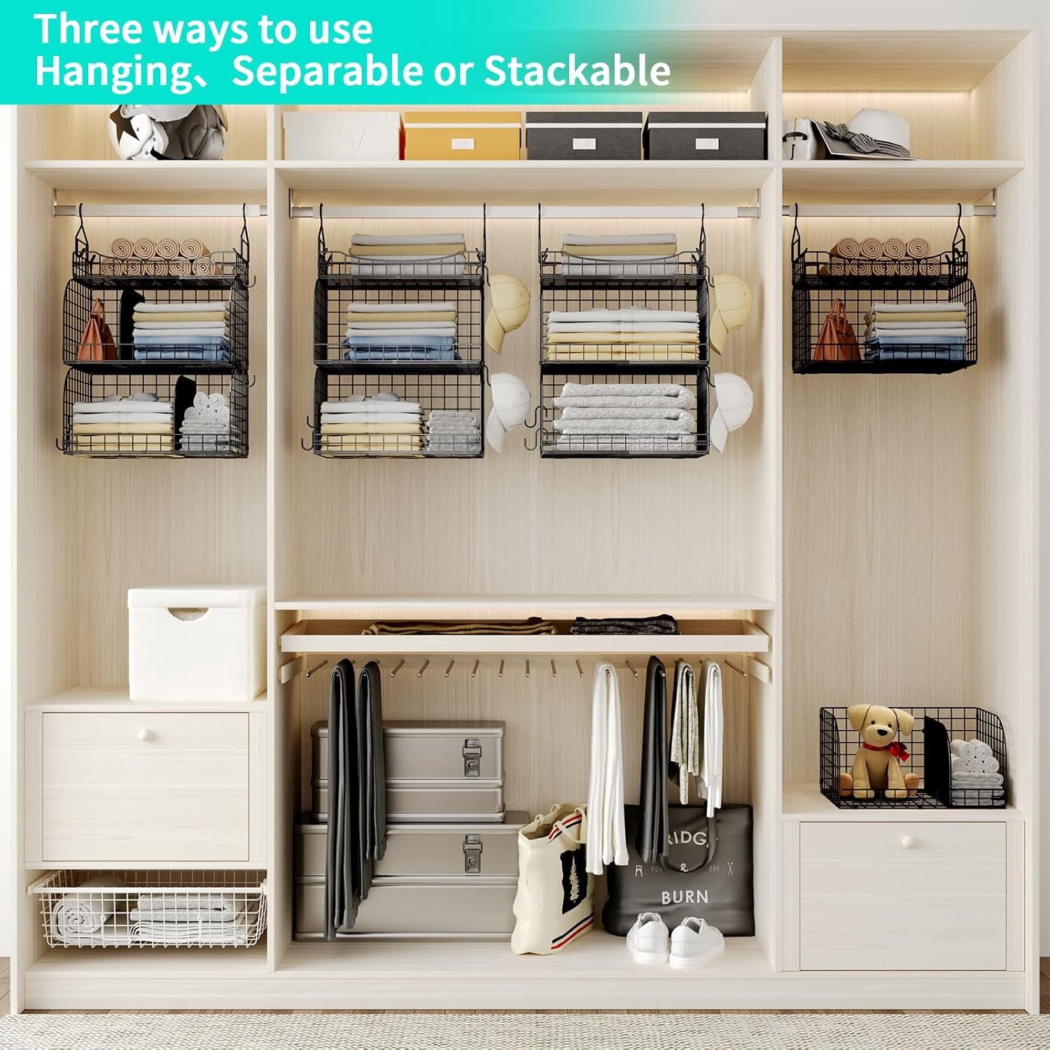Hanging Closet Organizer Storage - 3 Tier Metal Stackable Hanging Closet Shelves with Dividers and S Hooks Foldable Clothes Shelves for Clothes Pants Shoes Coat Hats Clutches Accessories