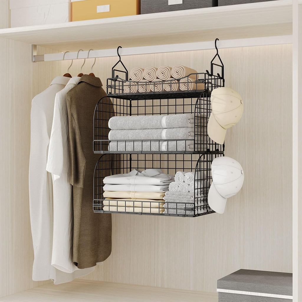 Hanging Closet Organizer Storage - 3 Tier Metal Stackable Hanging Closet Shelves with Dividers and S Hooks Foldable Clothes Shelves for Clothes Pants Shoes Coat Hats Clutches Accessories