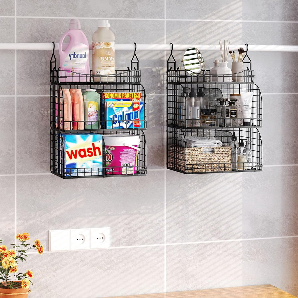 Hanging Closet Organizer Storage - 3 Tier Metal Stackable Hanging Closet Shelves with Dividers and S Hooks Foldable Clothes Shelves for Clothes Pants Shoes Coat Hats Clutches Accessories
