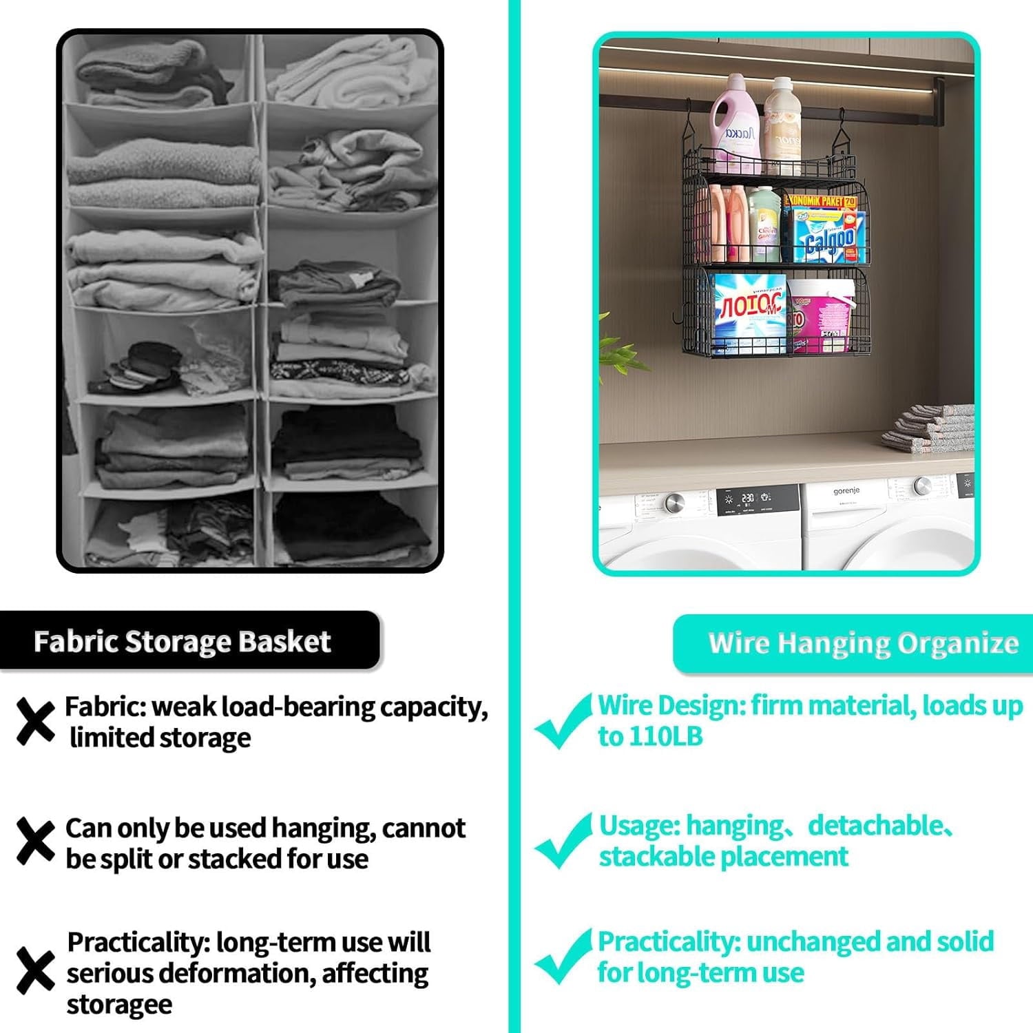 Hanging Closet Organizer Storage - 3 Tier Metal Stackable Hanging Closet Shelves with Dividers and S Hooks Foldable Clothes Shelves for Clothes Pants Shoes Coat Hats Clutches Accessories