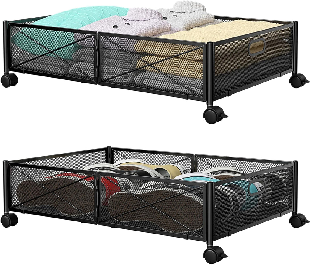 Under Bed Storage, Under the Bed Storage Containers with Wheels, Under Bed Shoe Storage Organizer Drawer, Tool-free Assembly Metal Underbed Storage Containers for Bedroom Clothes Shoes Blankets -4PCK