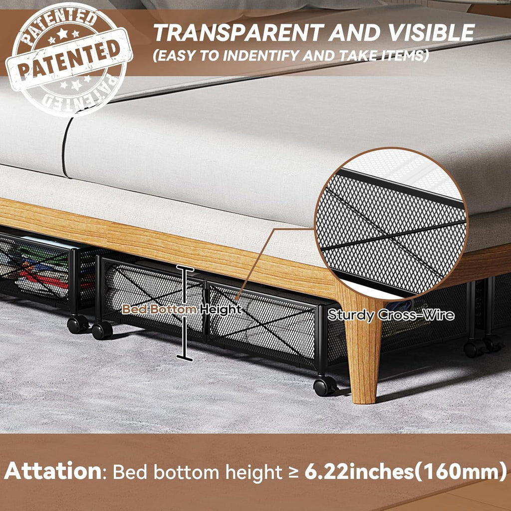 Under Bed Storage, Under the Bed Storage Containers with Wheels, Under Bed Shoe Storage Organizer Drawer, Tool-free Assembly Metal Underbed Storage Containers for Bedroom Clothes Shoes Blankets -4PCK