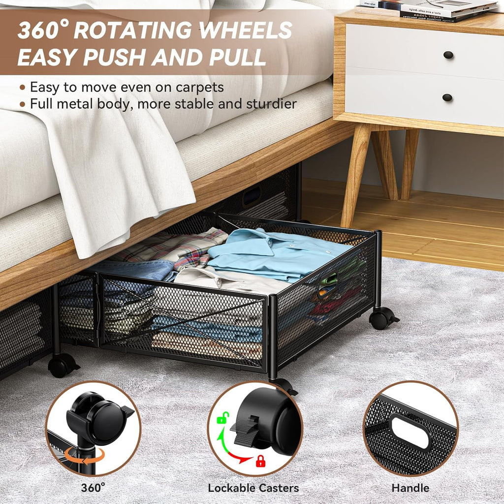 Under Bed Storage, Under the Bed Storage Containers with Wheels, Under Bed Shoe Storage Organizer Drawer, Tool-free Assembly Metal Underbed Storage Containers for Bedroom Clothes Shoes Blankets -4PCK