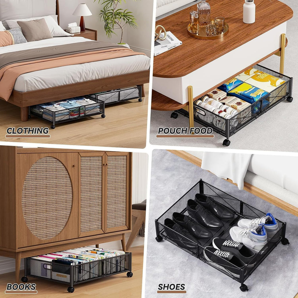 Under Bed Storage, Under the Bed Storage Containers with Wheels, Under Bed Shoe Storage Organizer Drawer, Tool-free Assembly Metal Underbed Storage Containers for Bedroom Clothes Shoes Blankets -4PCK