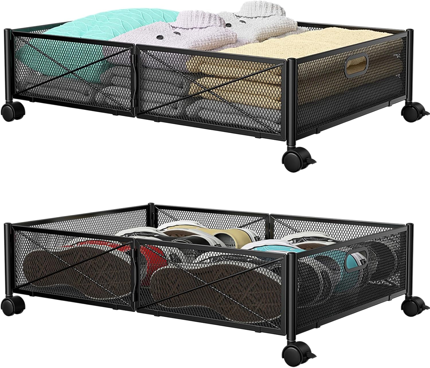 Under Bed Storage, Under the Bed Storage Containers with Wheels, Under Bed Shoe Storage Organizer Drawer, Tool-free Assembly Metal Underbed Storage Containers for Bedroom Clothes Shoes Blankets -4PCK