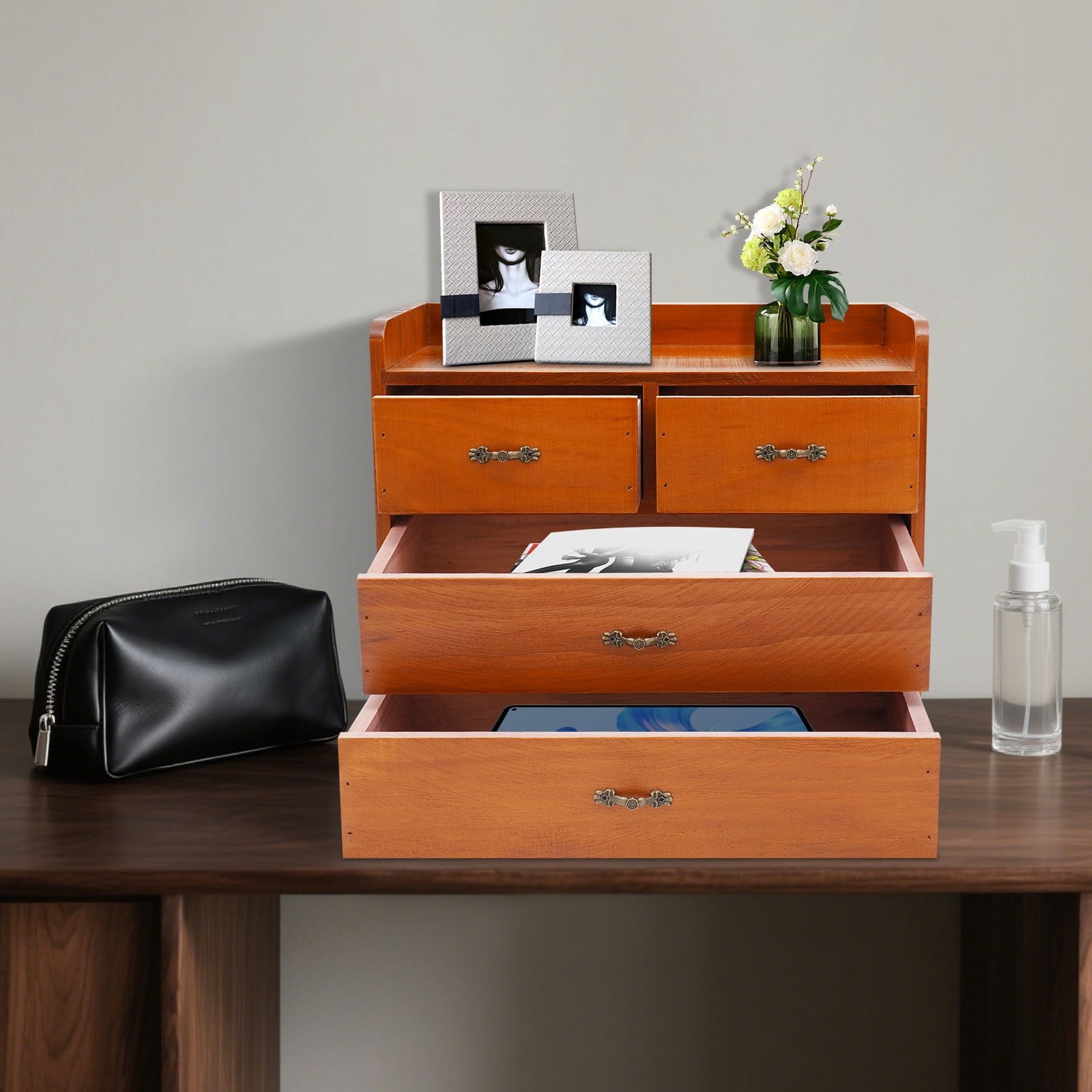 13.4*7.09*11 Retro Brown Desktop Organizer with Drawers Office Organization and Storage Box