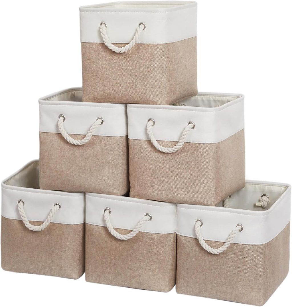 11 x 11 Inch Storage Cubes, 6 Pack Large Collapsible Fabric Storage Bin, White&amp;Beige