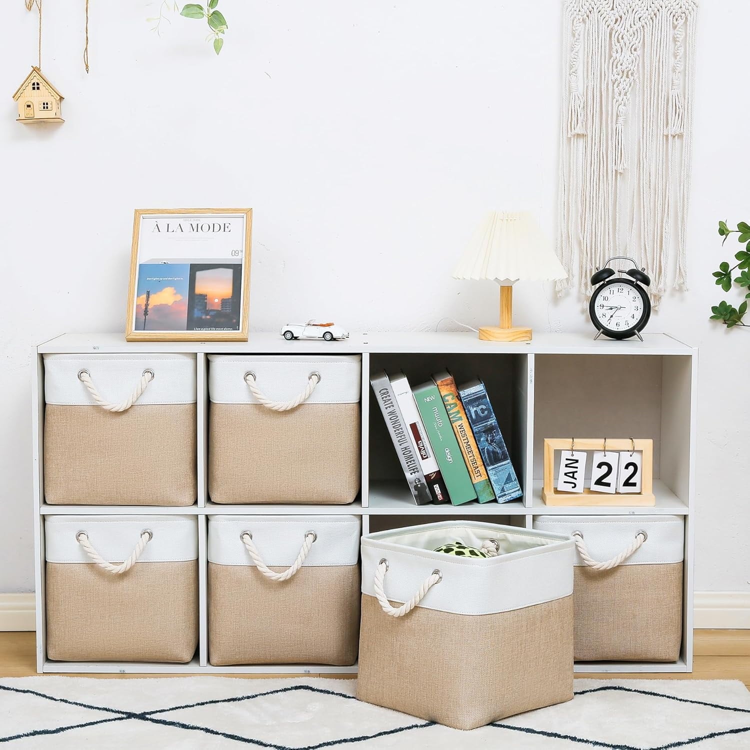 11 x 11 Inch Storage Cubes, 6 Pack Large Collapsible Fabric Storage Bin, White&amp;Beige