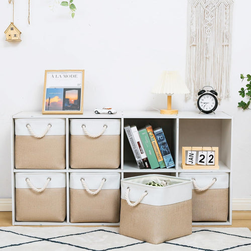 11 x 11 Inch Storage Cubes, 6 Pack Large Collapsible Fabric Storage Bin, White&amp;Beige