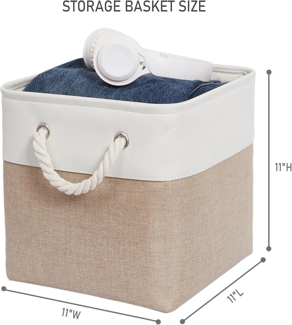 11 x 11 Inch Storage Cubes, 6 Pack Large Collapsible Fabric Storage Bin, White&amp;Beige