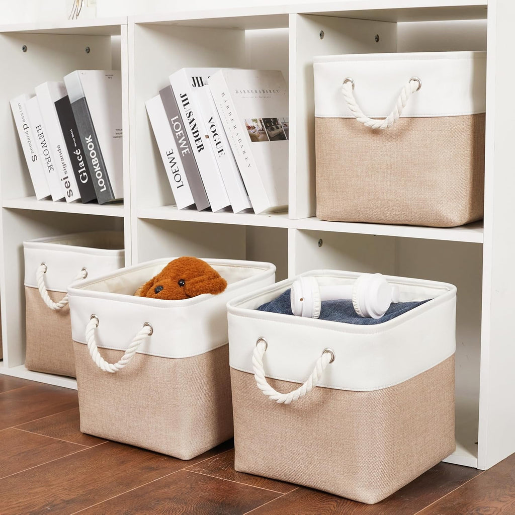 11 x 11 Inch Storage Cubes, 6 Pack Large Collapsible Fabric Storage Bin, White&amp;Beige