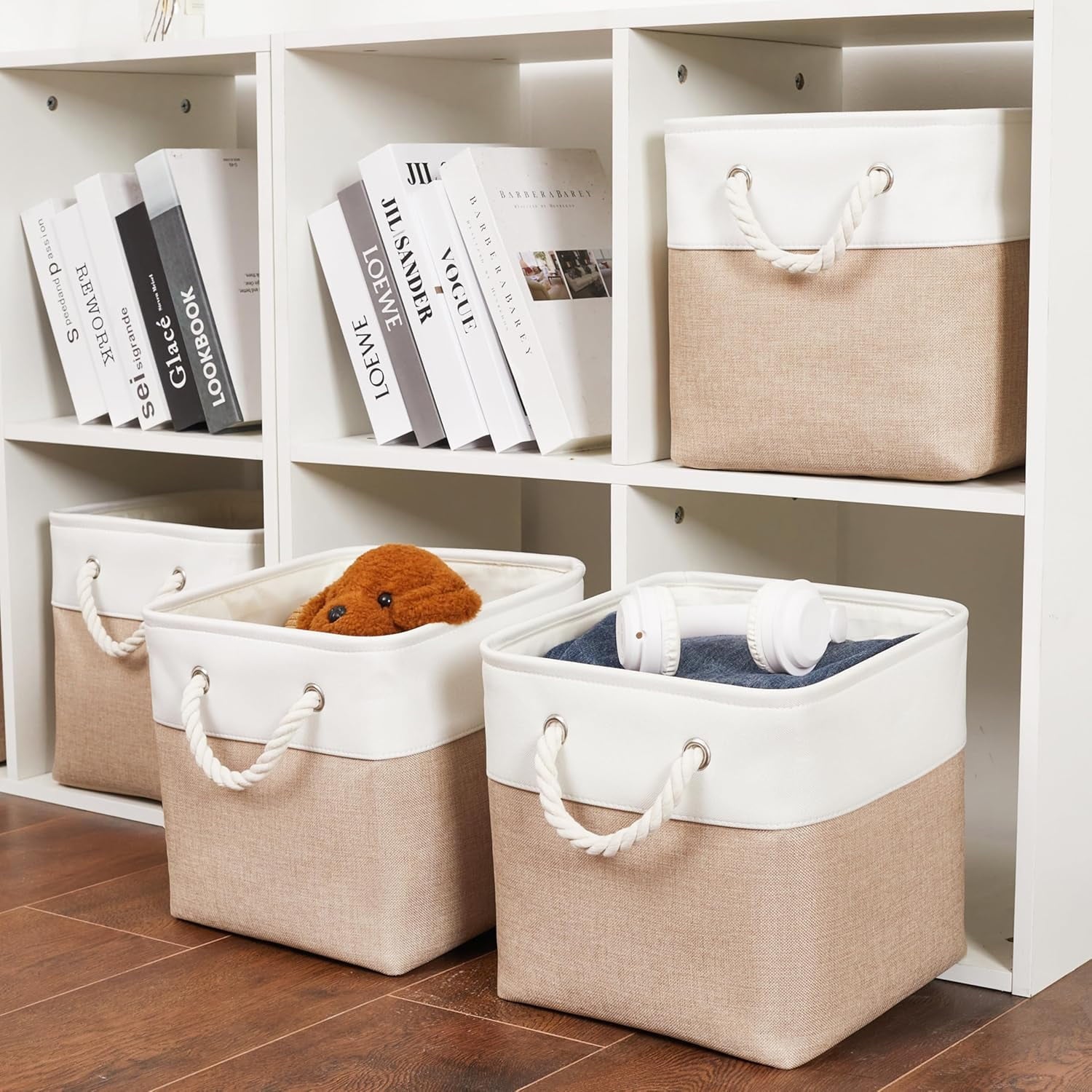 11 x 11 Inch Storage Cubes, 6 Pack Large Collapsible Fabric Storage Bin, White&amp;Beige