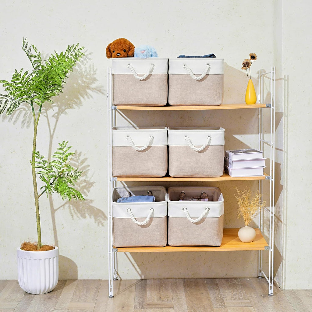11 x 11 Inch Storage Cubes, 6 Pack Large Collapsible Fabric Storage Bin, White&amp;Beige