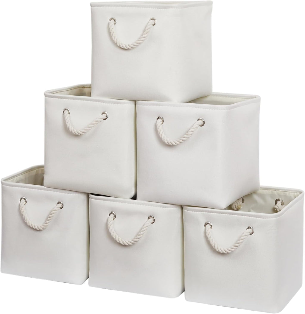 11 x 11 Inch Storage Cubes, 6 Pack Large Collapsible Fabric Storage Bin, White&amp;Beige