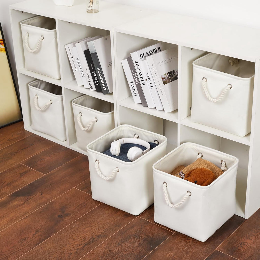 11 x 11 Inch Storage Cubes, 6 Pack Large Collapsible Fabric Storage Bin, White&amp;Beige