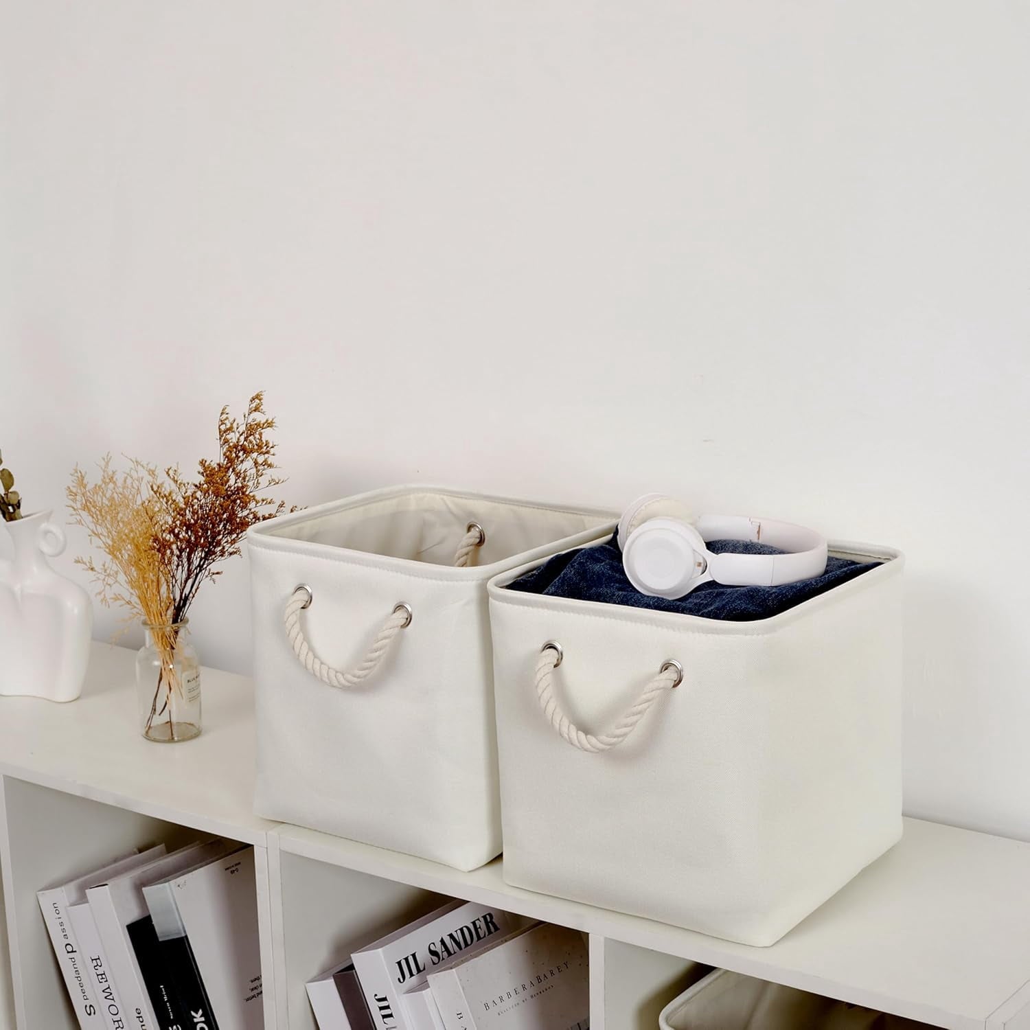 11 x 11 Inch Storage Cubes, 6 Pack Large Collapsible Fabric Storage Bin, White&amp;Beige