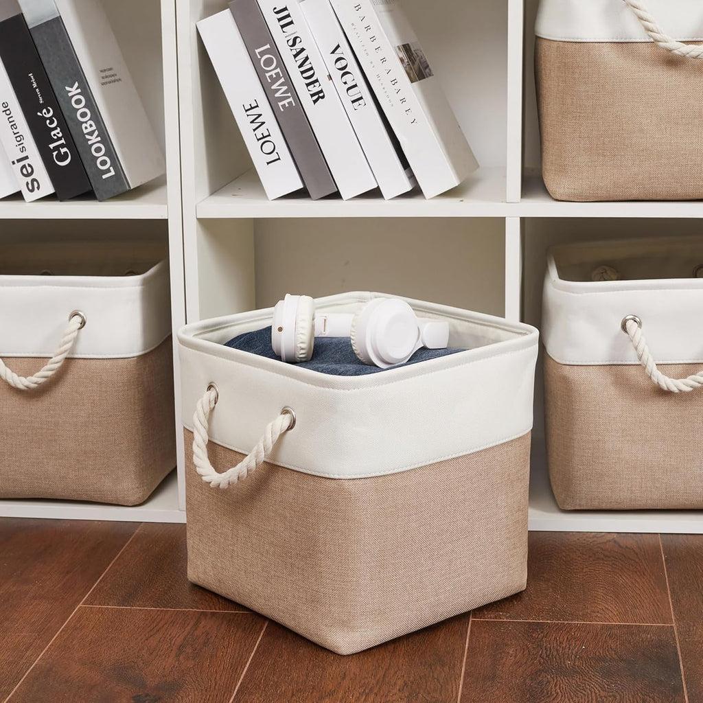 11 x 11 Inch Storage Cubes, 6 Pack Large Collapsible Fabric Storage Bin, White&amp;Beige