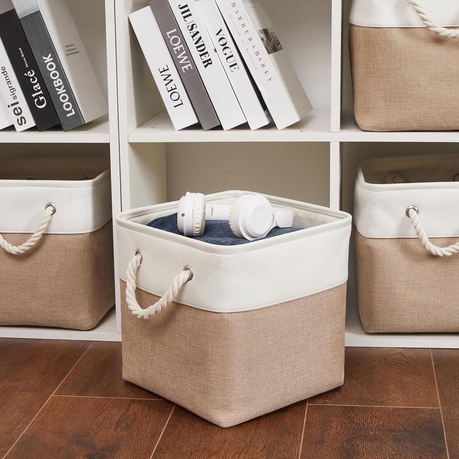 11 x 11 Inch Storage Cubes, 6 Pack Large Collapsible Fabric Storage Bin, White&amp;Beige