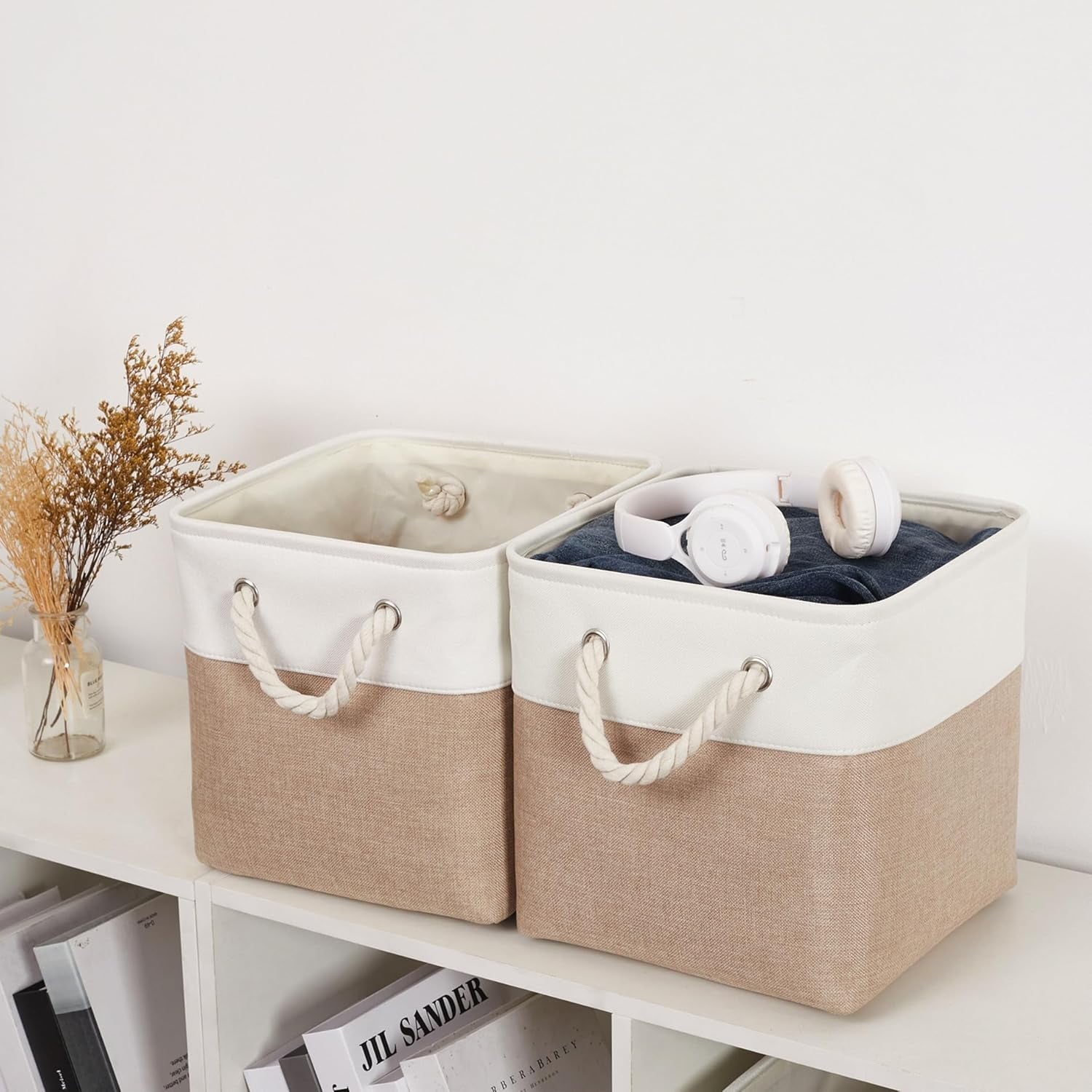 11 x 11 Inch Storage Cubes, 6 Pack Large Collapsible Fabric Storage Bin, White&amp;Beige