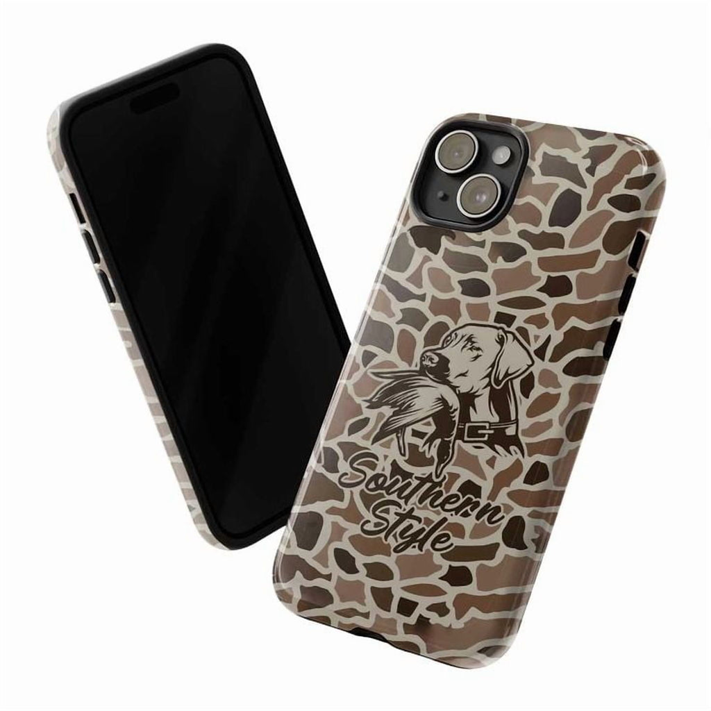 Southern Style Hunting Dog Phone Case, Brown Camo Animal Print Country Western iPhone Cover for iPhone 17 16 15 14 13 12 11 Pro Plus Mini