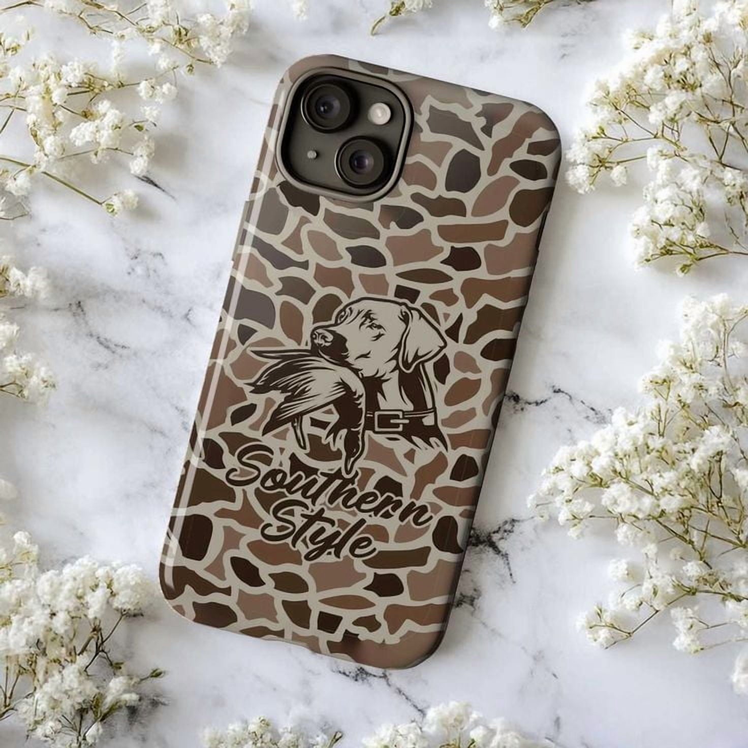 Southern Style Hunting Dog Phone Case, Brown Camo Animal Print Country Western iPhone Cover for iPhone 17 16 15 14 13 12 11 Pro Plus Mini