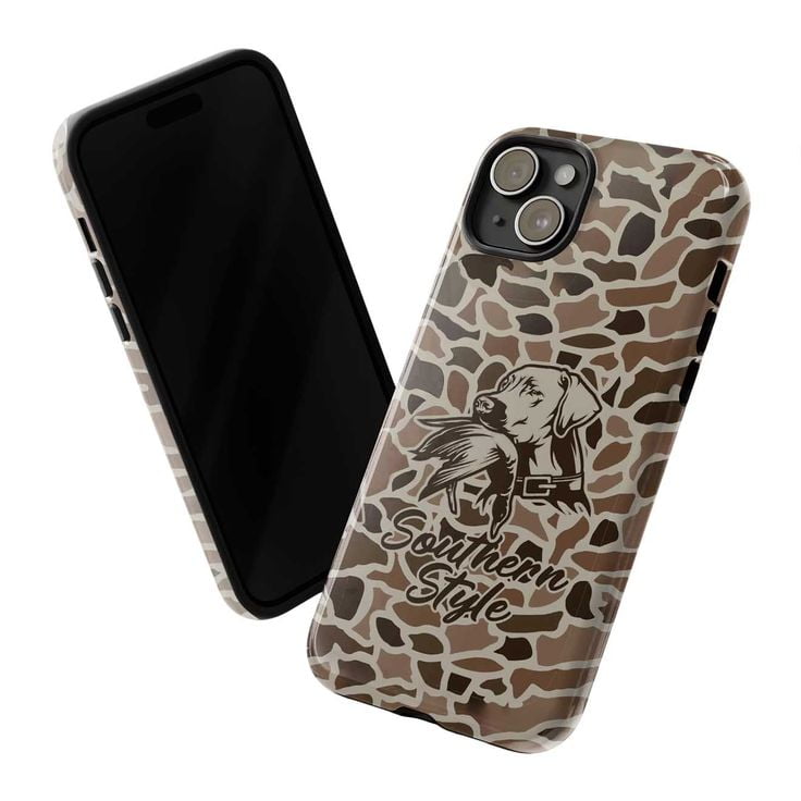 Southern Style Hunting Dog Phone Case, Brown Camo Animal Print Country Western iPhone Cover for iPhone 17 16 15 14 13 12 11 Pro Plus Mini