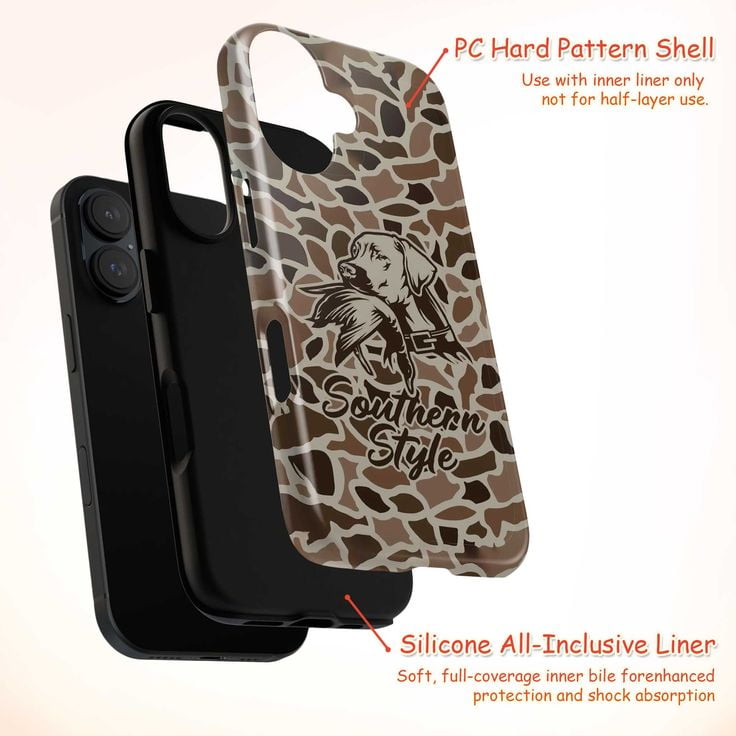 Southern Style Hunting Dog Phone Case, Brown Camo Animal Print Country Western iPhone Cover for iPhone 17 16 15 14 13 12 11 Pro Plus Mini