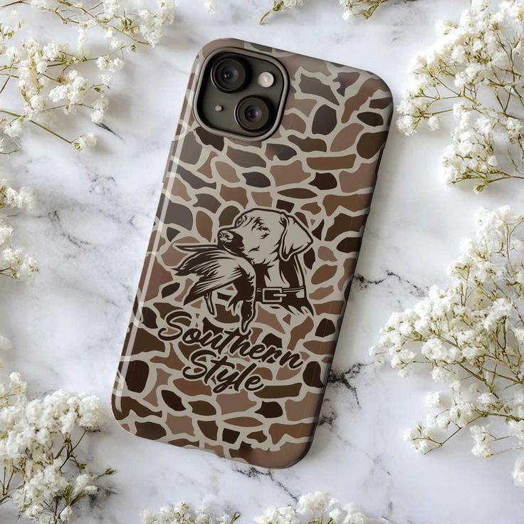 Southern Style Hunting Dog Phone Case, Brown Camo Animal Print Country Western iPhone Cover for iPhone 17 16 15 14 13 12 11 Pro Plus Mini