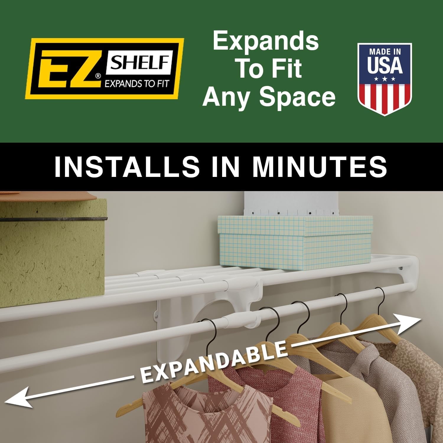 EZ Shelf 40"-73" Expandable Closet Shelf and Rod with 1 End Bracket, White