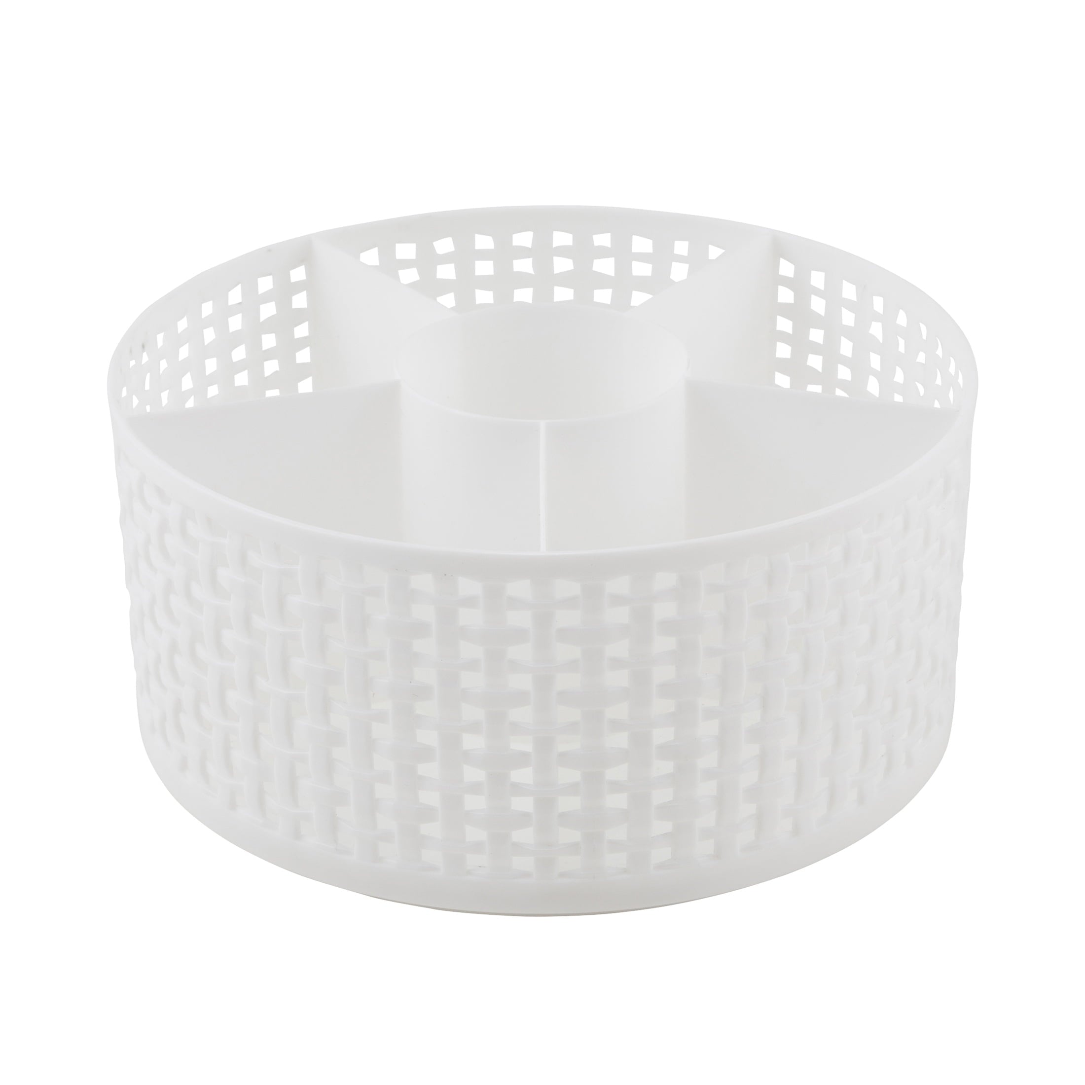 Thinkspace Brand Extra Large Lazy Susan Weave Rotating Beauty Organizer, White. 6 Large Compartments to Organize all of your Makeup and Beauty Products.