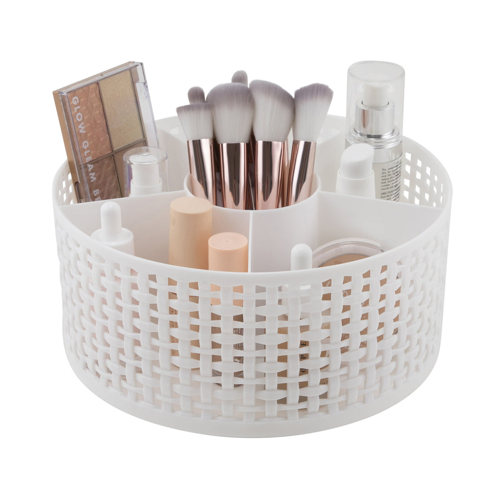 Thinkspace Brand Extra Large Lazy Susan Weave Rotating Beauty Organizer, White. 6 Large Compartments to Organize all of your Makeup and Beauty Products.