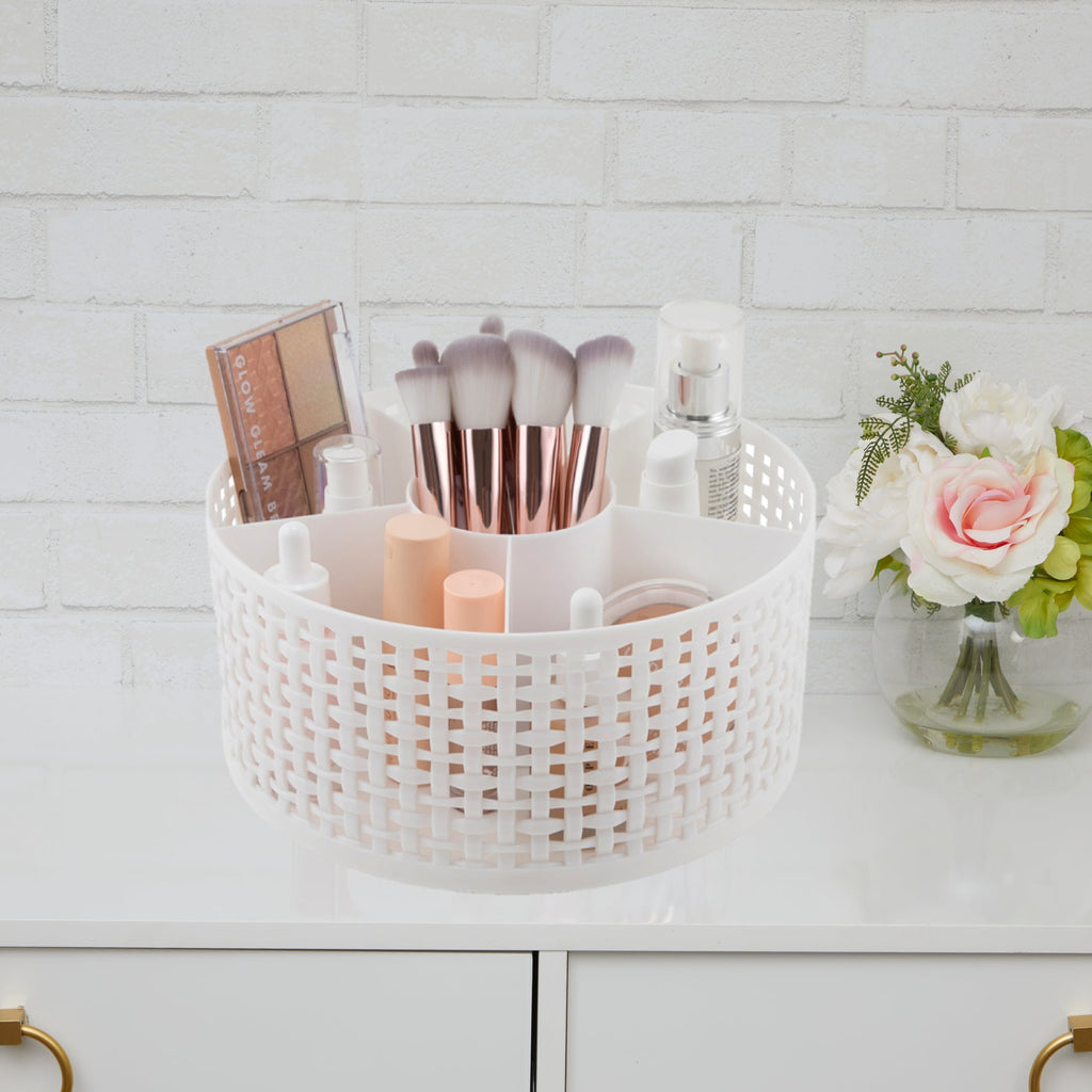 Thinkspace Brand Extra Large Lazy Susan Weave Rotating Beauty Organizer, White. 6 Large Compartments to Organize all of your Makeup and Beauty Products.