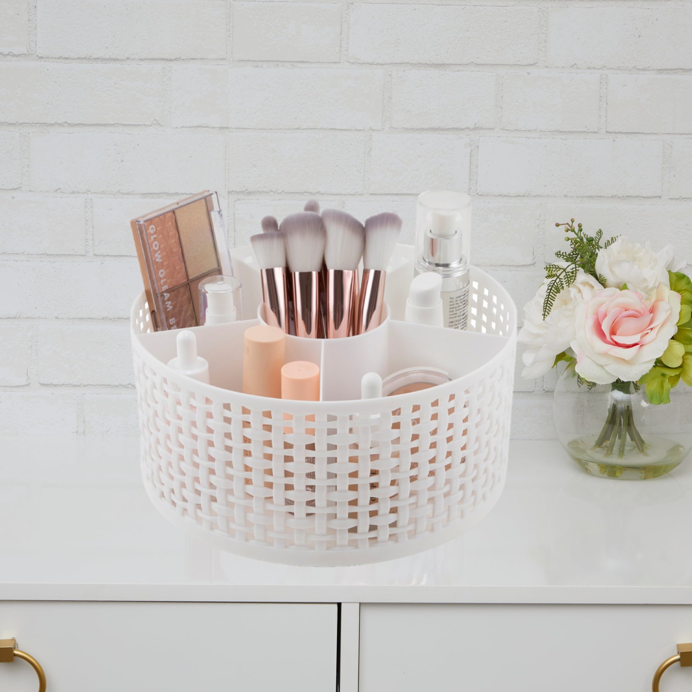 Thinkspace Brand Extra Large Lazy Susan Weave Rotating Beauty Organizer, White. 6 Large Compartments to Organize all of your Makeup and Beauty Products.